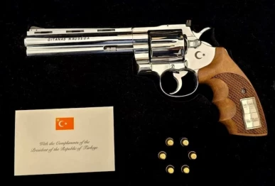 a gun gifted by turkish president recep tayyip erdogan to lithuanian president gitanas nauseda at nato summit in ankara picture taken in vilnius lithuania lithuanian president s office handout via reuters