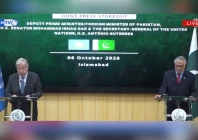 deputy prime minister and foreign minister ishaq dar holds a joint press conference in islamabad alongside united nations secretary general antonio guterres october 6 2026 screengrab deputy prime minister and foreign minister ishaq dar holds a joint press conference in islamabad alongside united nations secretary general antonio guterres october 6 2026 screengrab