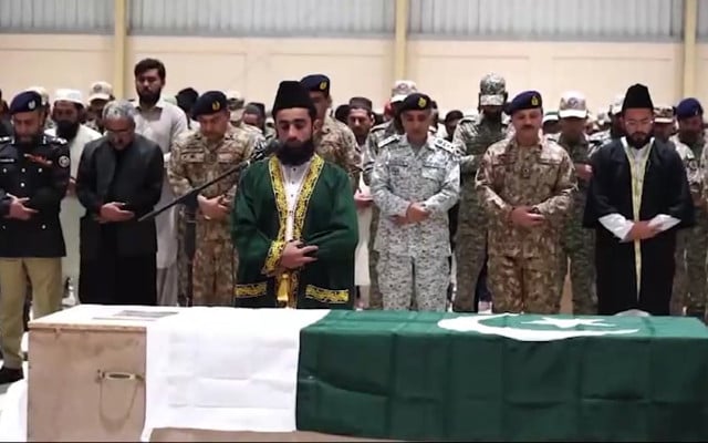 funeral prayers being offered of the soldiers martyred in gwadar on wednesday photo screngrab