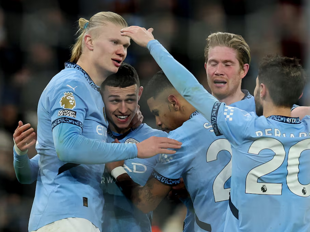 manchester city s phil foden celebrates scoring their fourth goal with erling haaland savinho kevin de bruyne and bernardo silva photo reuters