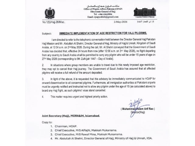 Notification issued by the Office of Pilgrim Affairs Pakistan