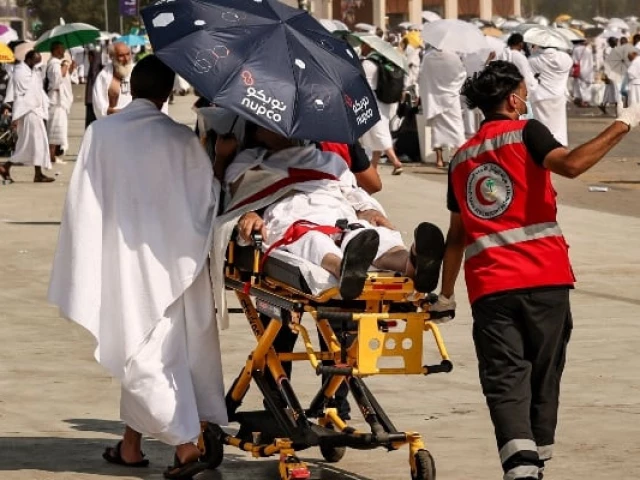 medical team members evacuate a muslim pilgrim affected by the scorching heat at the base of mount arafat also known as jabal al rahma or mount of mercy during the annual hajj pilgrimage on june 15 2024 photo afp medical team members evacuate a muslim pilgrim affected by the scorching heat at the base of mount arafat also known as jabal al rahma or mount of mercy during the annual hajj pilgrimage on june 15 2024 photo afp