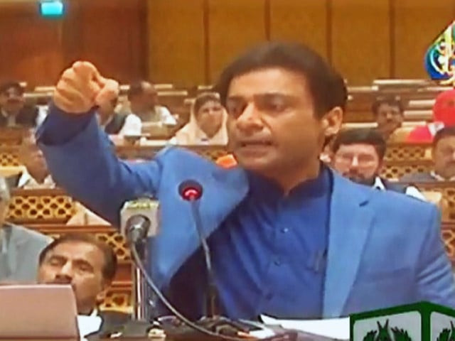 hamza shehbaz addressing the punjab assembly session on april 16 after bagging 197 votes in the cm s election screengrab hamza shehbaz addressing the punjab assembly session on april 16 after bagging 197 votes in the cm s election screengrab