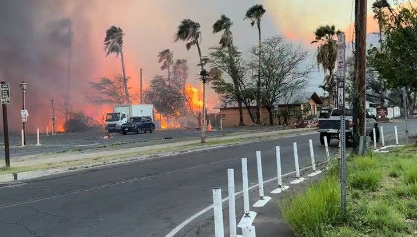 Smoke and flames rise in Lahaina, Maui County, Hawaii, U.S., August 8, 2023 in this still image from video obtained from social media. Jeff Melichar/TMX/via REUTERS