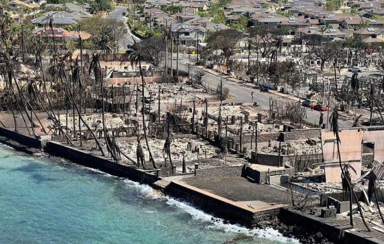 the shells of burned houses and buildings are left after wildfires driven by high winds burned across most of the town in lahaina maui hawaii u s august 11 2023 hawai i department of land and natural resources handout via reuters