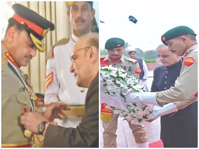 president asif ali zardari confers hilal e jur at on coas field marshal asim munir at aiwan e sadr in other picture prime minister shehbaz sharif lays a floral wreath at the yaadgar e shuhada in islamabad photos nni inp