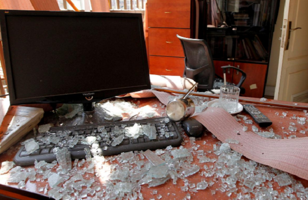 Damage and glass from broken windows is seen inside Hezbollah media center after an Israeli drone fell in the Hezbollah-dominated southern suburbs and a second one exploded near the ground in Dahiyeh suburbs of Beirut, Lebanon, August 25, 2019. (Photo: Reuters)