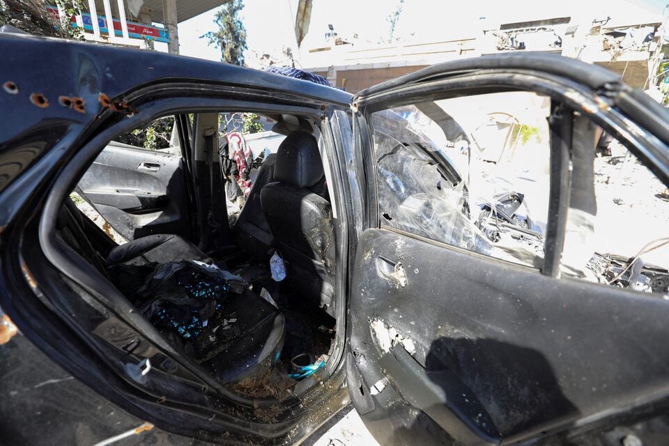 A destroyed car where the body of Palestinian girl Hind Rajab, 6, who begged Gaza rescuers to send help after being trapped by Israeli military fire, was found along with the bodies of five of her family members as two ambulance workers who had gone to save her were killed, amid the ongoing conflict between Israel and Hamas, in Gaza City, February 10, 2024. REUTERS