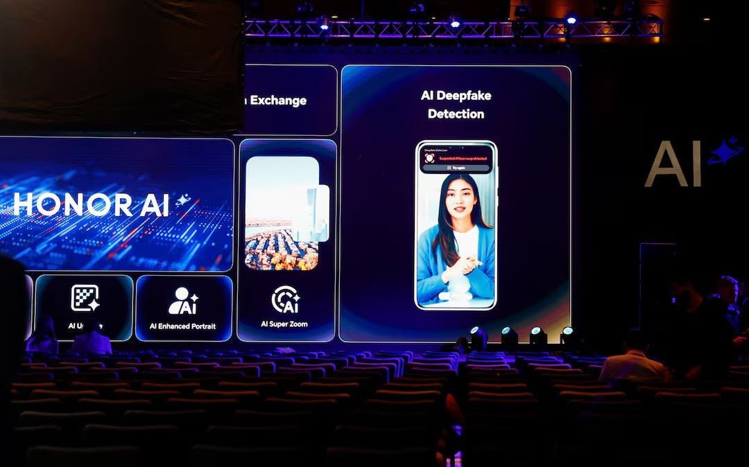 a banner displays the new ai deepfake detector created by honor prior to the mobile world congress in barcelona spain march 2 2025 photo reuters