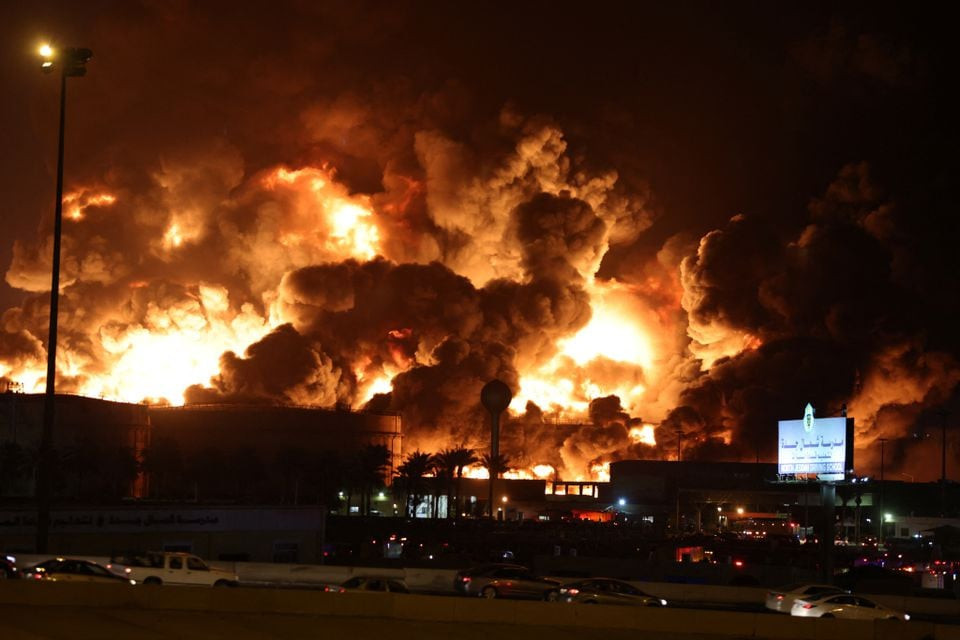 a view of a fire at saudi aramco s petroleum storage facility after an attack in jeddah saudi arabia march 25 2022 photo reuters
