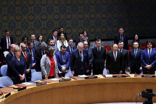 members of the united nations security council stand in silence in honour of the victims of the crocus city hall concert venue moscow attack on the day of a vote on a gaza resolution that demands an immediate ceasefire for the month of ramazan leading to a permanent sustainable ceasefire and the immediate and unconditional release of all hostages at un headquarters in new york city us march 25 2024 photo reuters