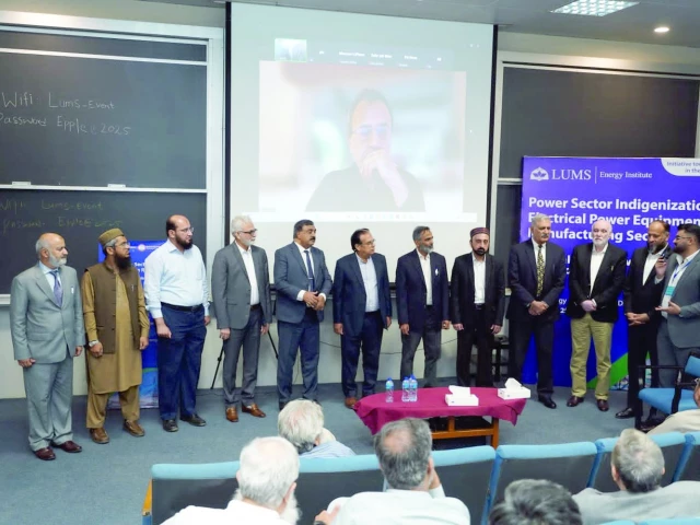 federal minister for energy awais ahmad khan leghari addressing the workshop on power sector indigeniation via video link photo file