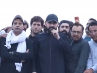 k p chief minister sohail afridi addressing participants of the pti long march in lachi tehsil of kohat on monday screengrab pti x