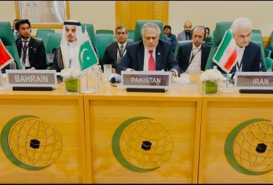 deputy prime minister and foreign minister muhammad ishaq dar addresses the extraordinary ministerial session of the oic executive committee on friday photo mofa x