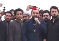 k p chief minister sohail afridi addressing participants of the protest at university chowk in kohat on the third day of the march on tuesday screengrab pti x