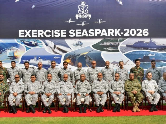 chief of the naval staff admiral naveed ashraf along with senior officials during debrief session of exercise seaspark 2026 as the exercise concluded on wednesday in karachi dgpr navy x chief of the naval staff admiral naveed ashraf along with senior officials during debrief session of exercise seaspark 2026 as the exercise concluded on wednesday in karachi dgpr navy x