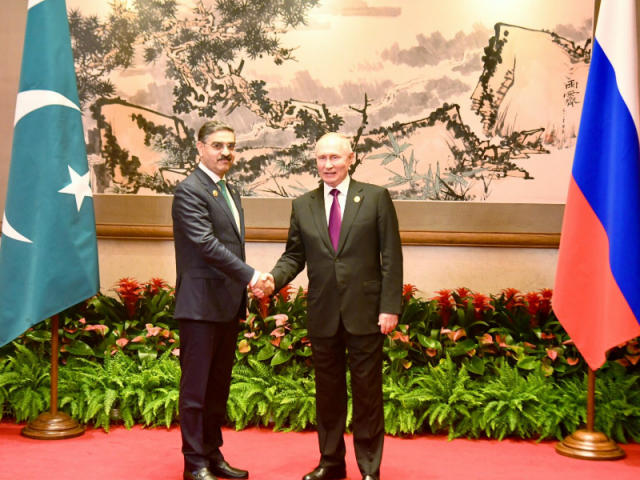 pm kakar russian president vladimir putin discuss ways to enhance bilateral regional cooperation on the sidelines of the belt and road forum on october 17 2023 photo app