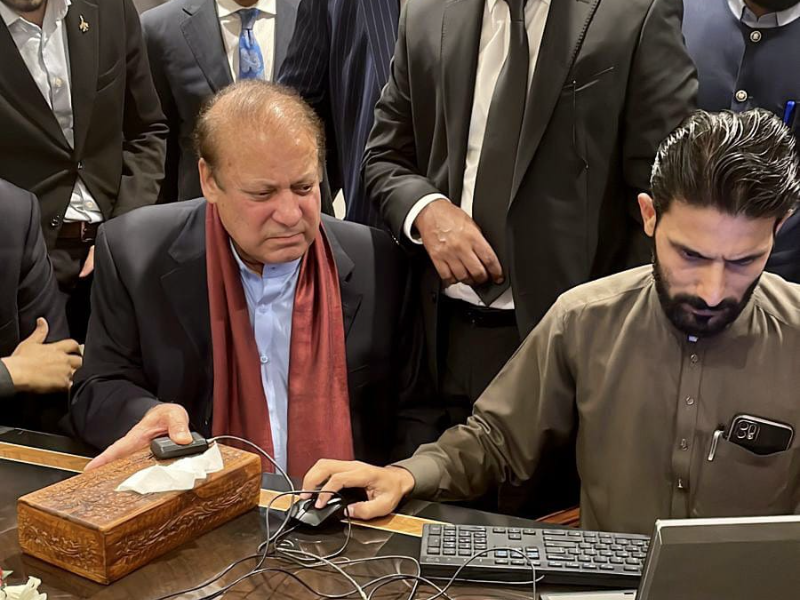 pml n supremo nawaz sharif s pictured during his immigration process completed on his home return at islamabad airport on october 21 2023 photo pml n x handle