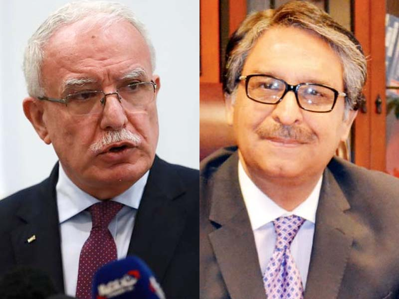 caretaker foreign minister jalil abbas jilani right calls fm of palestine riyadh al malki left and expressed pakistan s unwavering solidarity with the people of gaza on tuesday 7 november 2023 photo express tribune