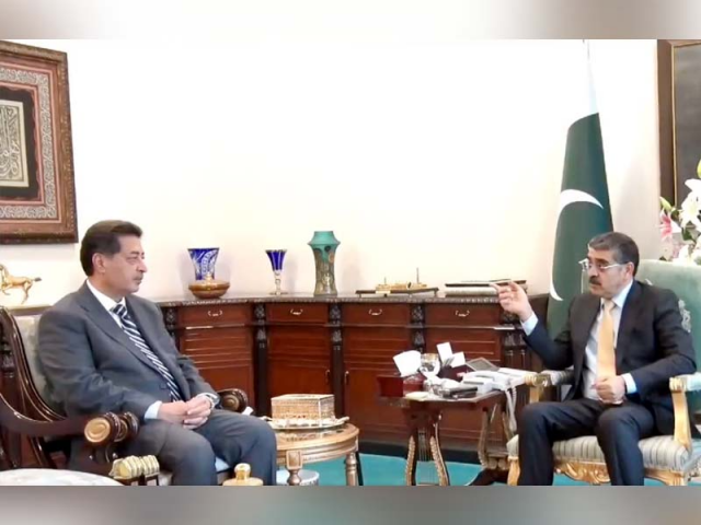 chief election commissioner sikandar sultan raja calls on caretaker prime minister anwaarul haq kakar at pm house islamabad on november 7 2023 tuesday photo screengrab from ptv news s x handle video