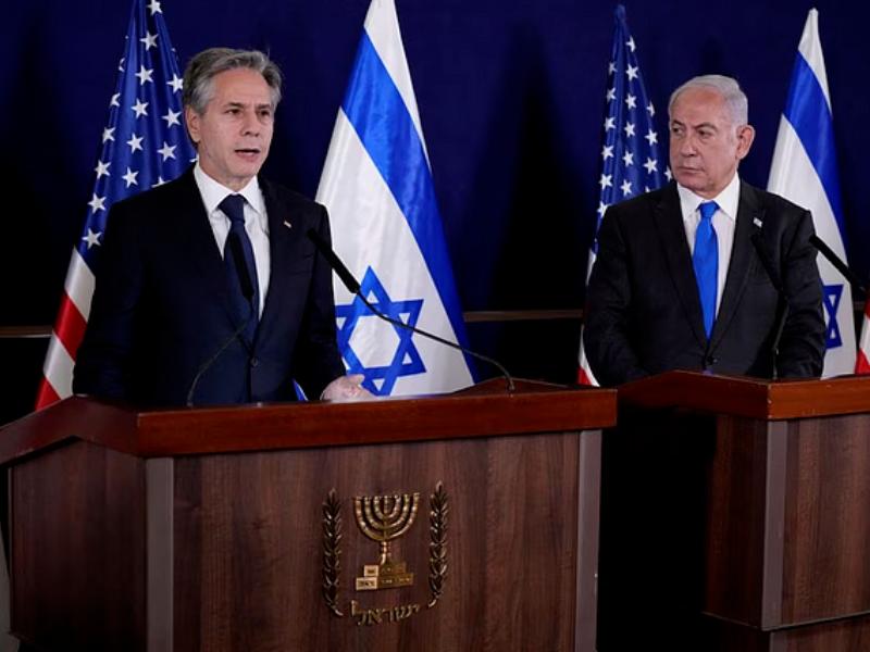u s secretary of state antony blinken and israel s prime minister benjamin netanyahu make statements to the media inside the kirya which houses the israeli ministry of defense after their meeting in tel aviv israel thursday oct 12 2023 photo reuters