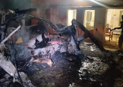 A visual of the ambulance that caught fire after a gas cylinder exploded at a health facility in the Nagarparkar area of Tharparkar district on Wednesday. EXPRESS