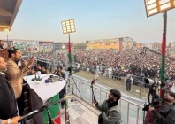 khyber pakhtunkhwa chief minister sohail afridi addresses a pti public gathering at hayatabad sports complex peshawar