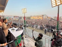 khyber pakhtunkhwa chief minister sohail afridi addresses a pti public gathering at hayatabad sports complex peshawar