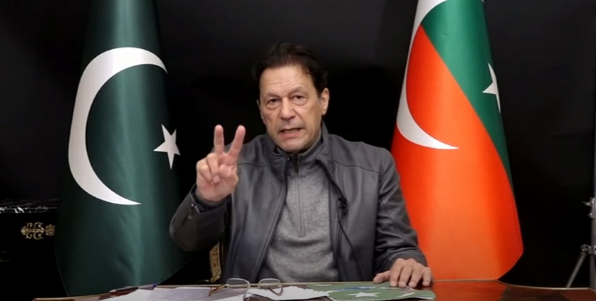 pakistan tehreeke e insaf pti chairman imran khan gestures with a victory sign during his televised address on friday january 27 2023