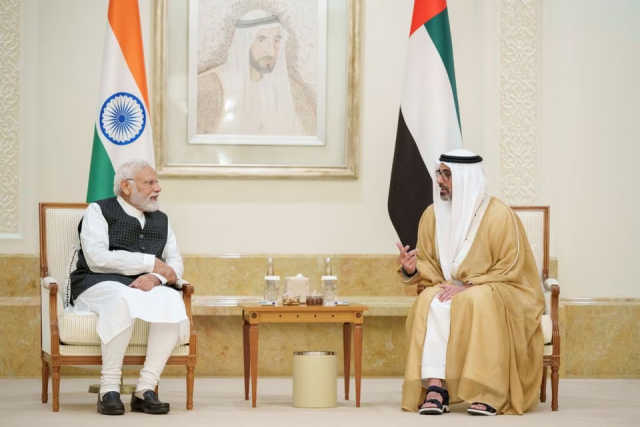 sheikh khaled bin mohamed bin zayed al nahyan crown prince of abu dhabi meets indian prime minister narendra modi during his official visit in abu dhabi uae july 15 2023 photo reuters sheikh khaled bin mohamed bin zayed al nahyan crown prince of abu dhabi meets indian prime minister narendra modi during his official visit in abu dhabi uae july 15 2023 photo reuters