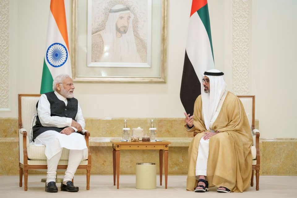 sheikh khaled bin mohamed bin zayed al nahyan crown prince of abu dhabi meets indian prime minister narendra modi during his official visit in abu dhabi uae july 15 2023 photo reuters