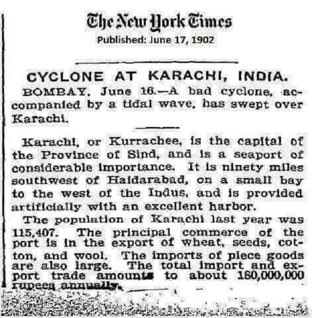 according to an old newspaper clipping karachi was swept away by a cylcone in 1902 photo archives department