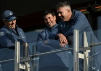 england assistant coach marcus trescothick test coach stephen fleming and white ball mentor kevin pietersen chat on the balcony after the third t20 against sri lanka at old trafford photo afp