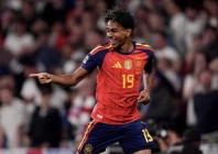 spain s lamine yamal celebrates after scoring his side s first goal during the uefa nations league soccer match against england in london photo afp