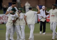 south african players celebrate the dismissal of josh hazlewood and winning the second test against australia photo afp
