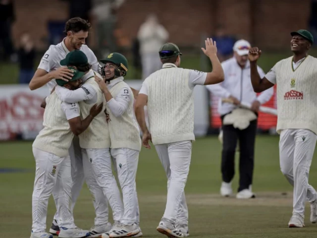 south african players celebrate the dismissal of josh hazlewood and winning the second test against australia photo afp south african players celebrate the dismissal of josh hazlewood and winning the second test against australia photo afp