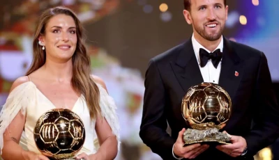 spain s alexia putellas and england s harry kane with their ballon d or trophies which they won in london photo afp