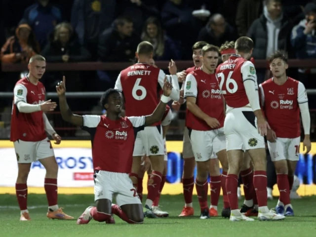 fleetwood striker aaron loupalo bi celebrates scoring against arsenal photo afp fleetwood striker aaron loupalo bi celebrates scoring against arsenal photo afp