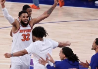 karl anthony towns of the new york knicks celebrates after his team s 107 106 victory against the san antonio spurs in game four of the nba finals photo afp