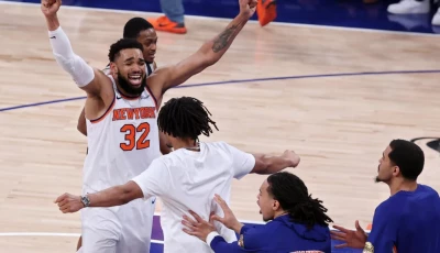 karl anthony towns of the new york knicks celebrates after his team s 107 106 victory against the san antonio spurs in game four of the nba finals photo afp