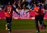 england captain harry brook and phil salt celebrate after scoring the winning runs in a nine wicket victory over india in the fourth t20 at bristol photo afp