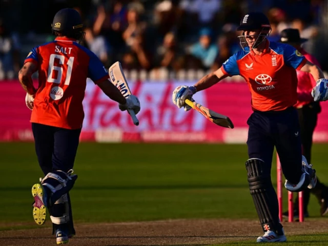 england captain harry brook and phil salt celebrate after scoring the winning runs in a nine wicket victory over india in the fourth t20 at bristol photo afp england captain harry brook and phil salt celebrate after scoring the winning runs in a nine wicket victory over india in the fourth t20 at bristol photo afp