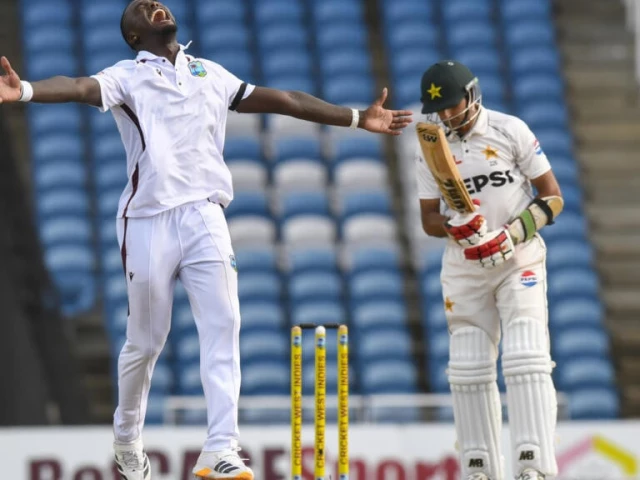 west indies bowler jayden seales l celebrates after dismissing mohammad abbas of pakistan to end the first test photo afp west indies bowler jayden seales l celebrates after dismissing mohammad abbas of pakistan to end the first test photo afp