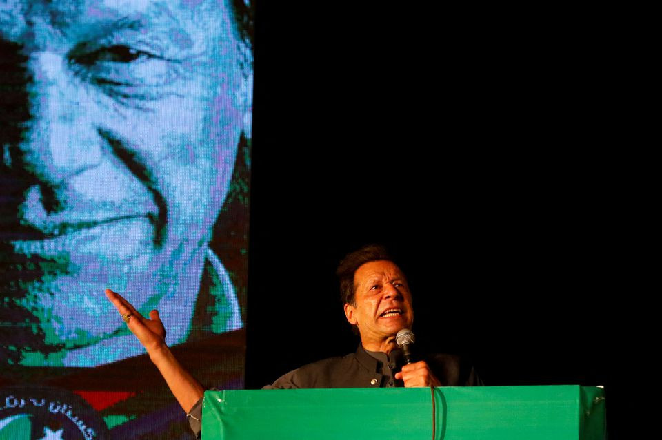 former prime minister imran khan gestures as he addresses supporters during a rally in karachi pakistan april 16 2022 photo reuters