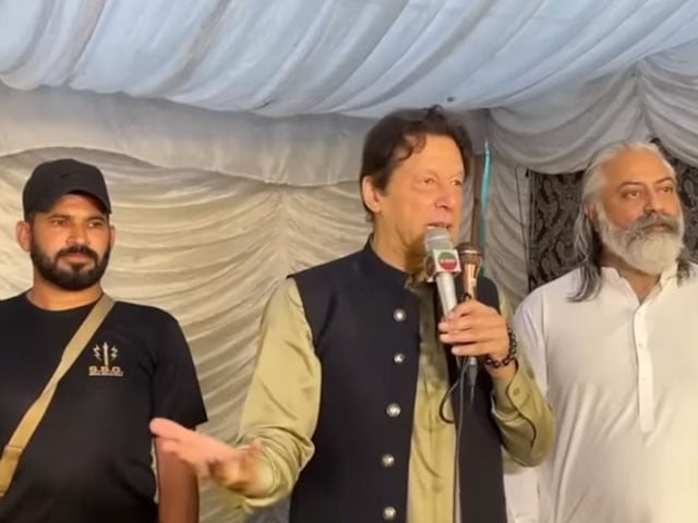 pakistan tehreek e insaf pti chairman imran khan addressing party workers at lahore s zaman park on april 17 2023 screengrab