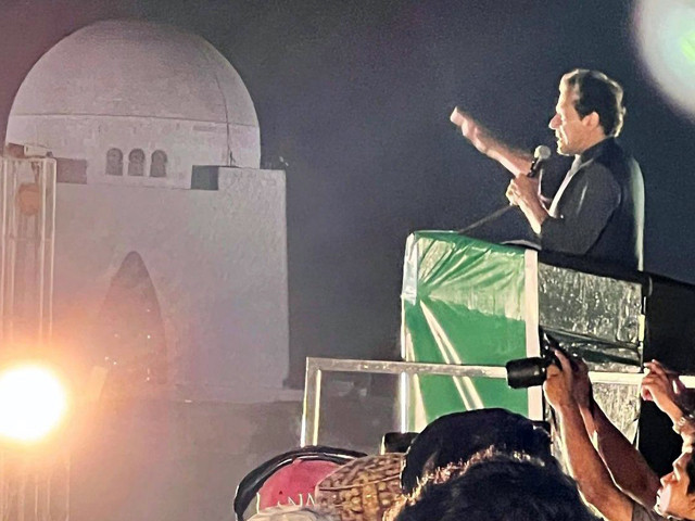 imran khan addressing a public gathering in karachi on april 16 photo pti twitter