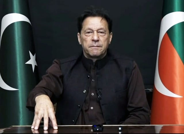 pti chief imran khan is addressing supporters via video link screengrab
