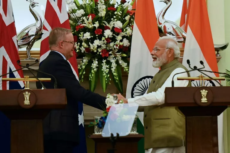 indian prime minister narendra modi r shakes hands with australia s prime minister anthony albanese during a joint media briefing in new delhi photo afp indian prime minister narendra modi r shakes hands with australia s prime minister anthony albanese during a joint media briefing in new delhi photo afp