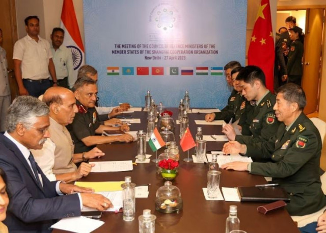 chinese defence minister li shangfu and his indian counterpart rajnath singh along with their officials are pictured during their meeting at the shanghai cooperation organisation sco meet in new delhi india april 27 2023 photo reuters chinese defence minister li shangfu and his indian counterpart rajnath singh along with their officials are pictured during their meeting at the shanghai cooperation organisation sco meet in new delhi india april 27 2023 photo reuters