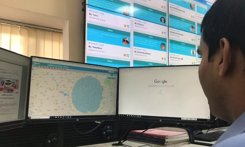 an officer looks at computer screens inside a police war room setup to monitor social media posts in jaipur in the desert state of rajasthan december 3 2018 photo reuters an officer looks at computer screens inside a police war room setup to monitor social media posts in jaipur in the desert state of rajasthan december 3 2018 photo reuters